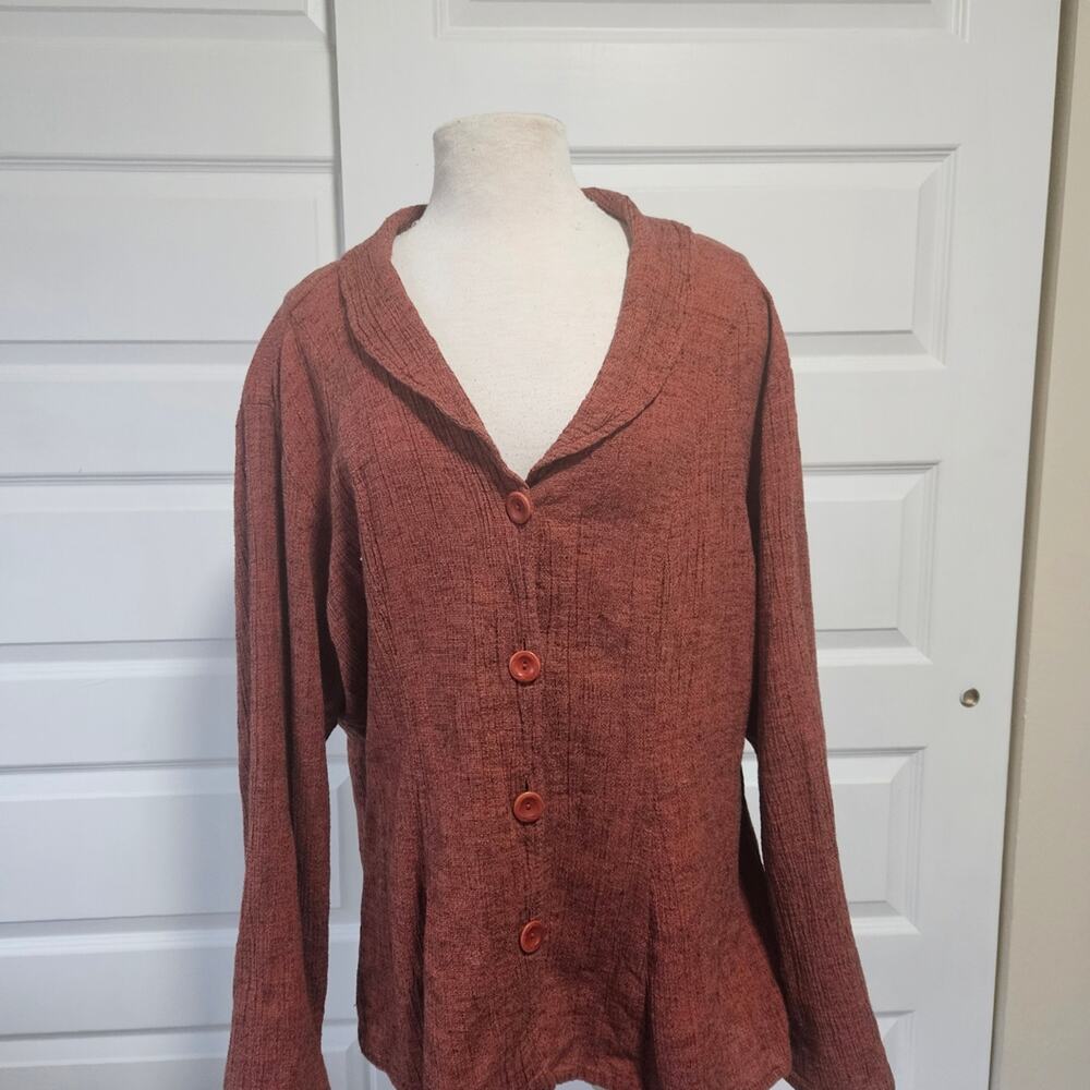 FLAX Women's Rust Orange Linen/Cotton Blend Textured Crinkle Lagenlook Shacket